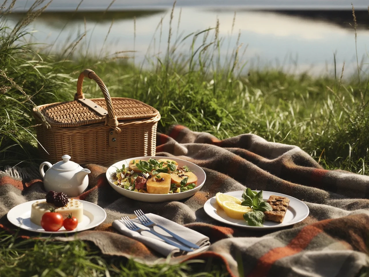 Picnic ved en græsbevokset sø i blødt eftermiddagslys med kurv, tæppe og service